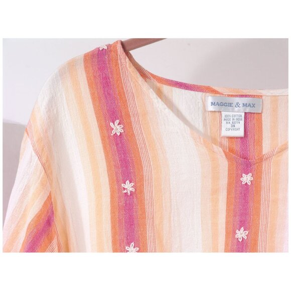 NWOT Embroidered Floral Maggie & Max 3X Slub Cotton Top Orange Sunset Striped - Picture 2 of 3